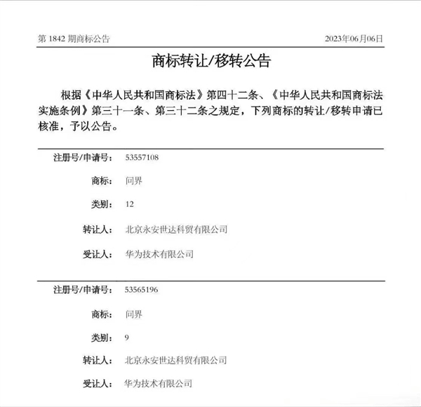 华为商标新动态：汽车领域是否成为下一个目标？